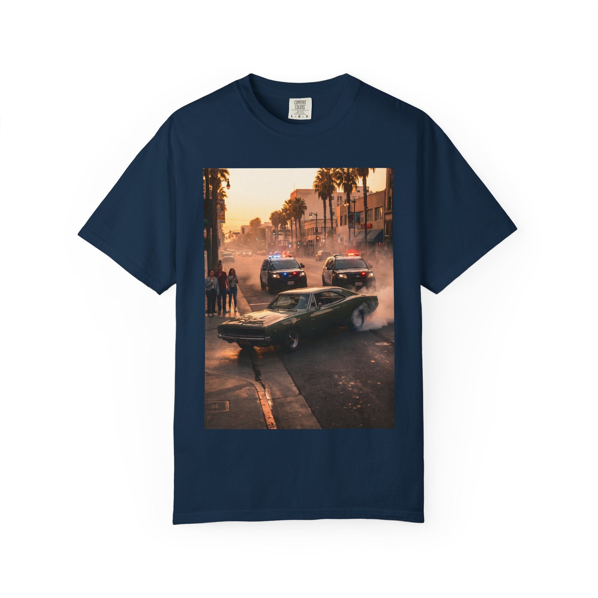 Sunset Dodge Charger Street Chase T-shirt | Vintage Muscle Car Police Scene