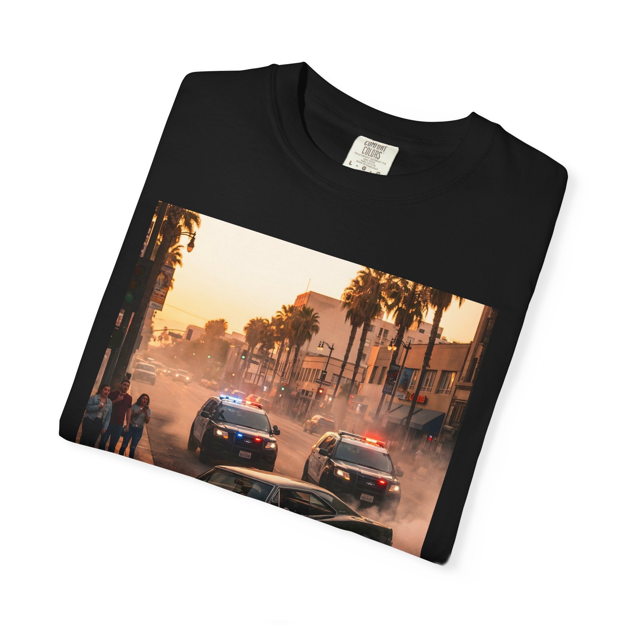 Sunset Dodge Charger Street Chase T-shirt | Vintage Muscle Car Police Scene