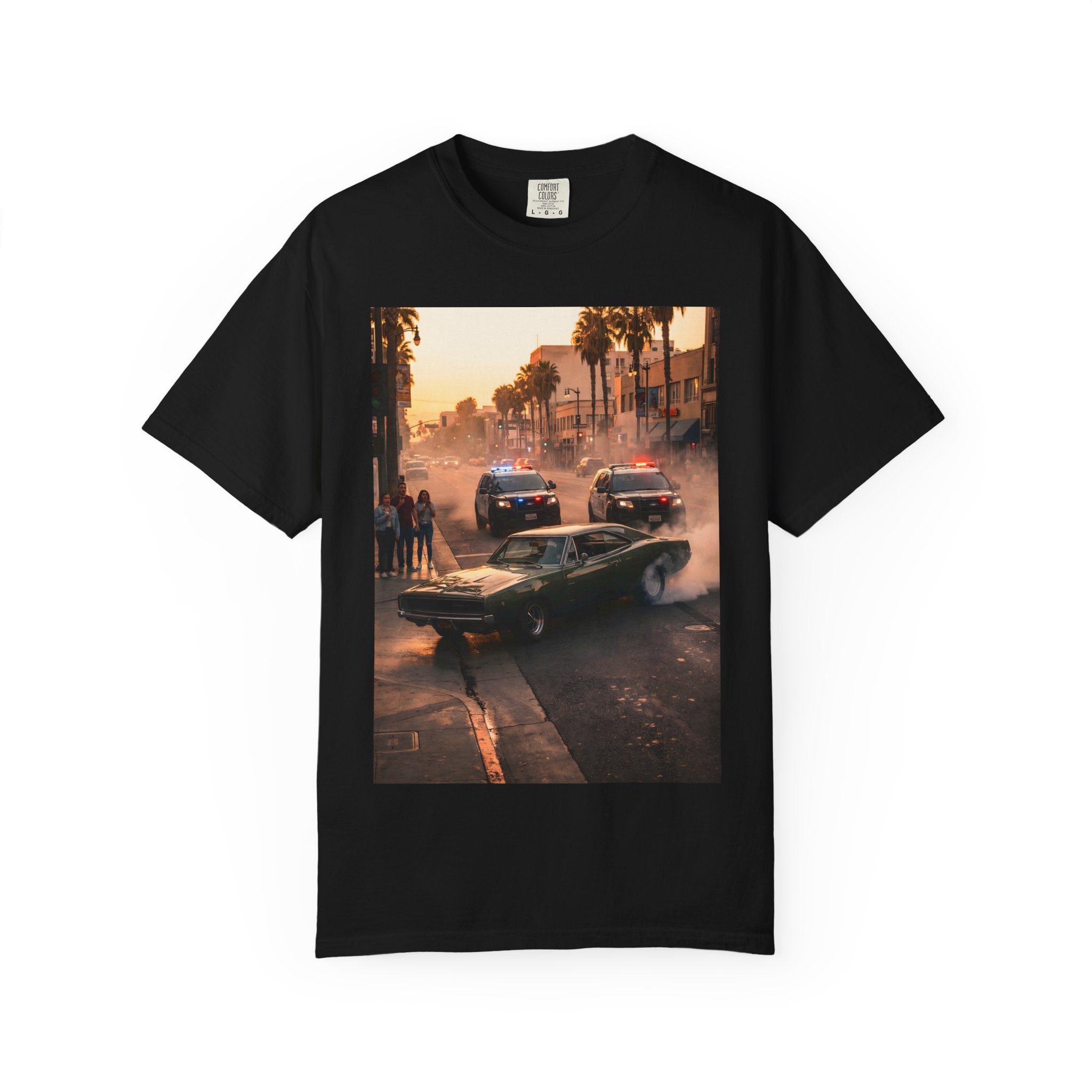 Sunset Dodge Charger Street Chase T-shirt | Vintage Muscle Car Police Scene