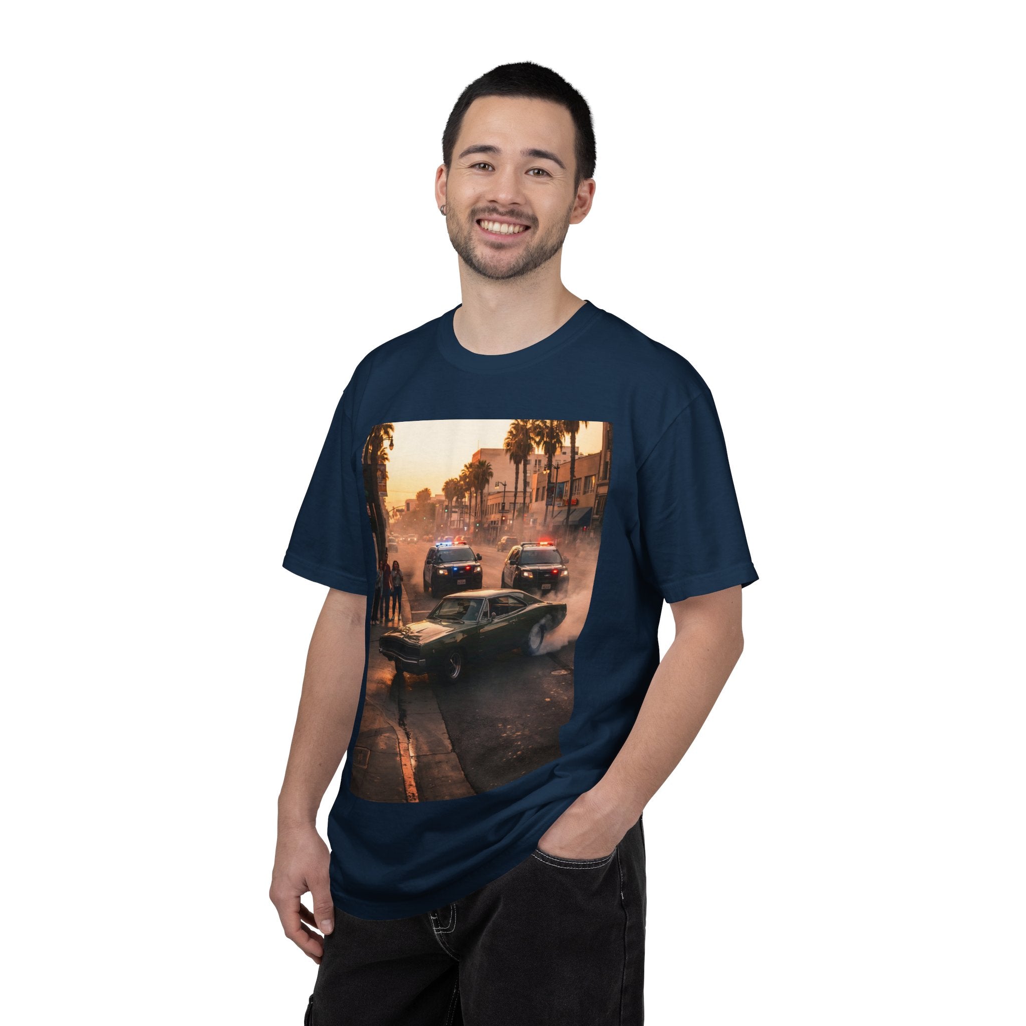 Sunset Dodge Charger Street Chase T-shirt | Vintage Muscle Car Police Scene