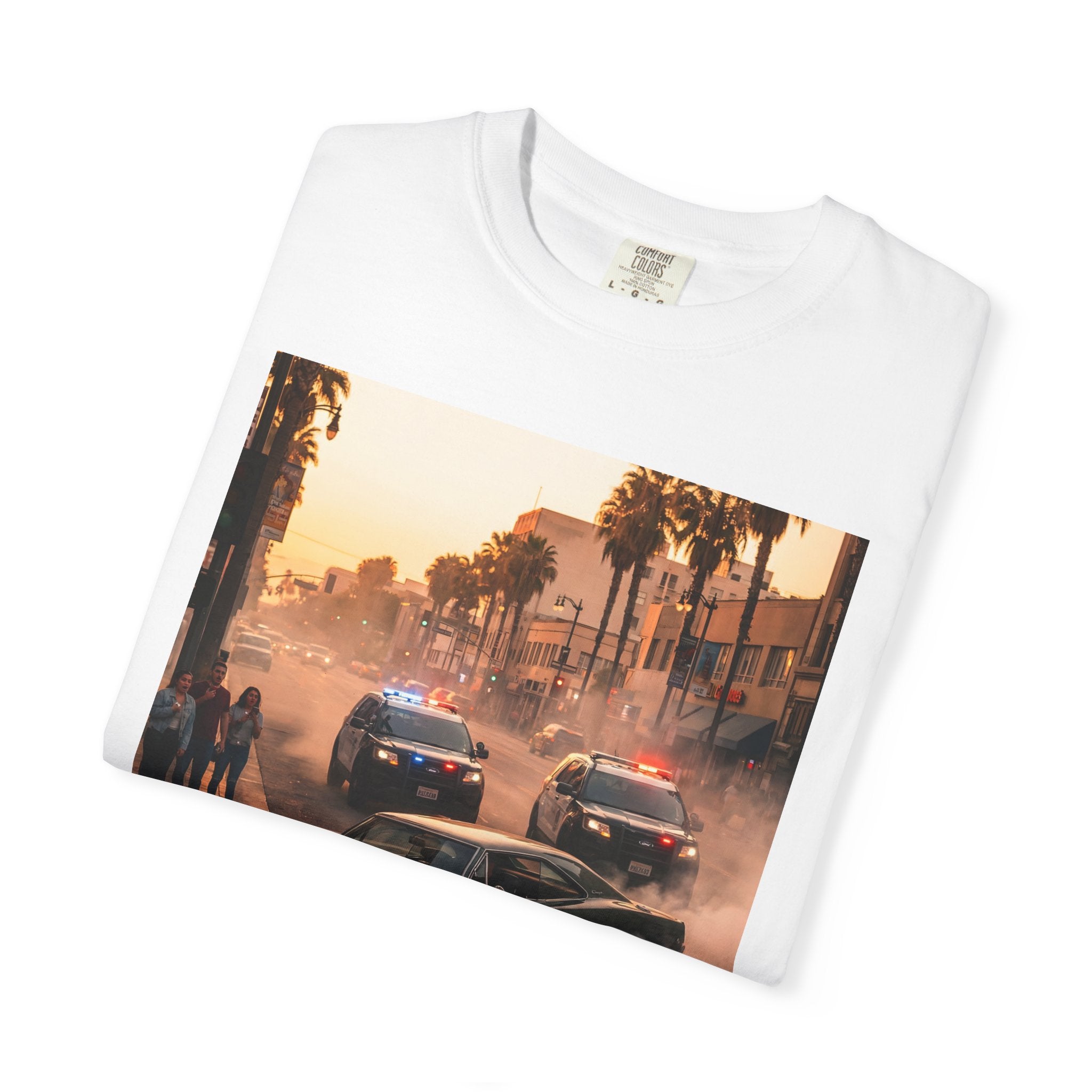 Sunset Dodge Charger Street Chase T-shirt | Vintage Muscle Car Police Scene