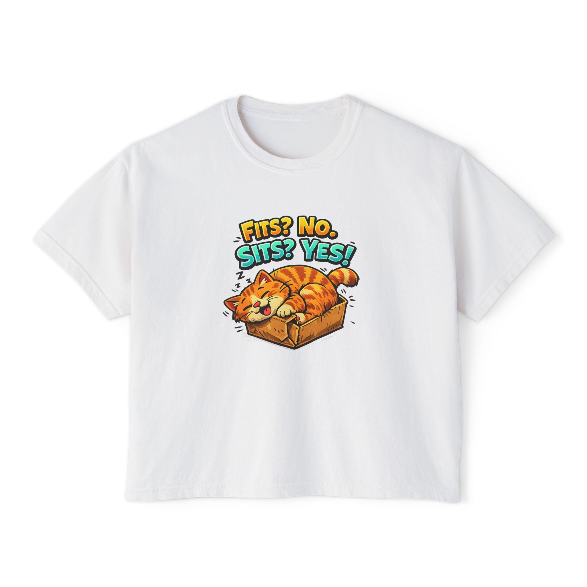 Boxy Tee — "Fits? No. Sits? Yes!" Cute Sleeping Cat Graphic T-Shirt
