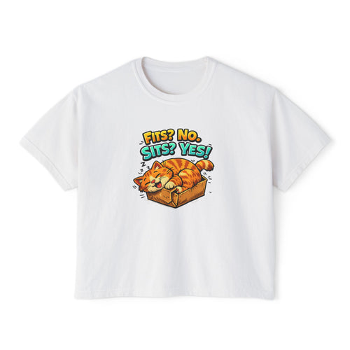 Boxy Tee — "Fits? No. Sits? Yes!" Cute Sleeping Cat Graphic T-Shirt