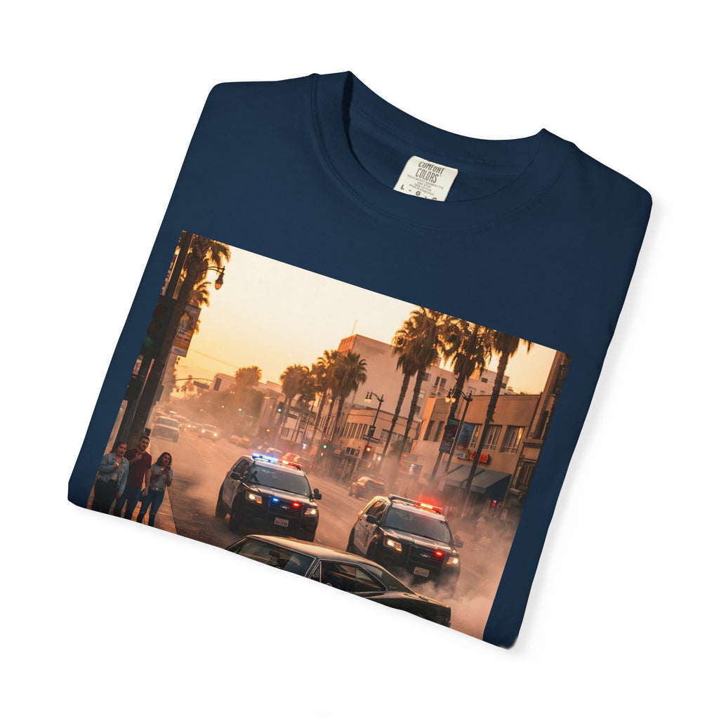Sunset Dodge Charger Street Chase T-shirt | Vintage Muscle Car Police Scene
