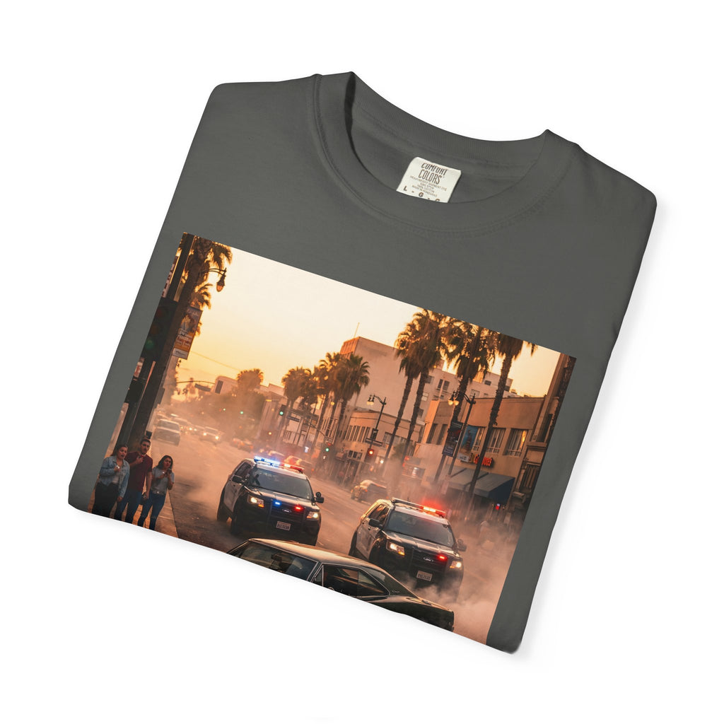 Sunset Dodge Charger Street Chase T-shirt | Vintage Muscle Car Police Scene