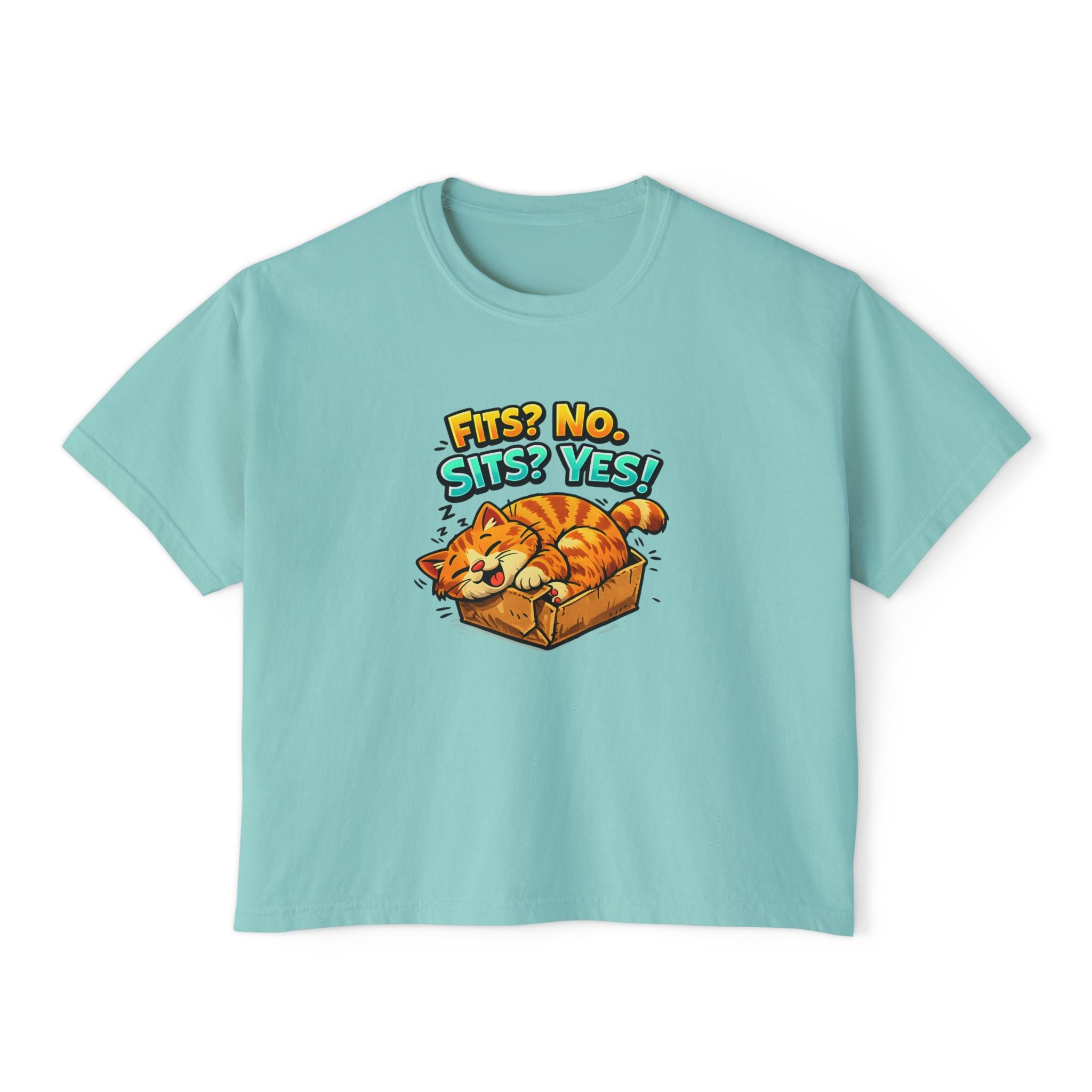 Boxy Tee — "Fits? No. Sits? Yes!" Cute Sleeping Cat Graphic T-Shirt