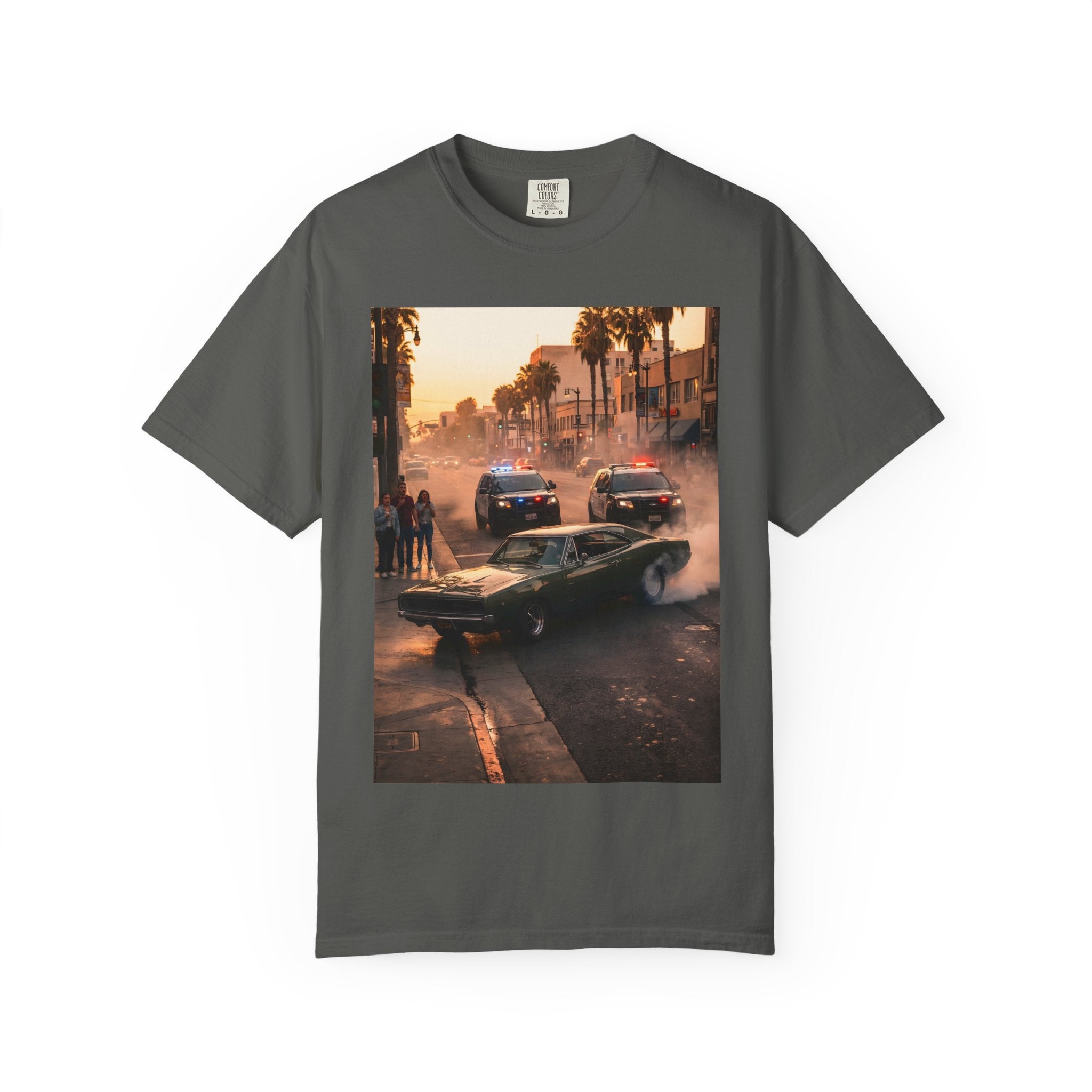 Sunset Dodge Charger Street Chase T-shirt | Vintage Muscle Car Police Scene