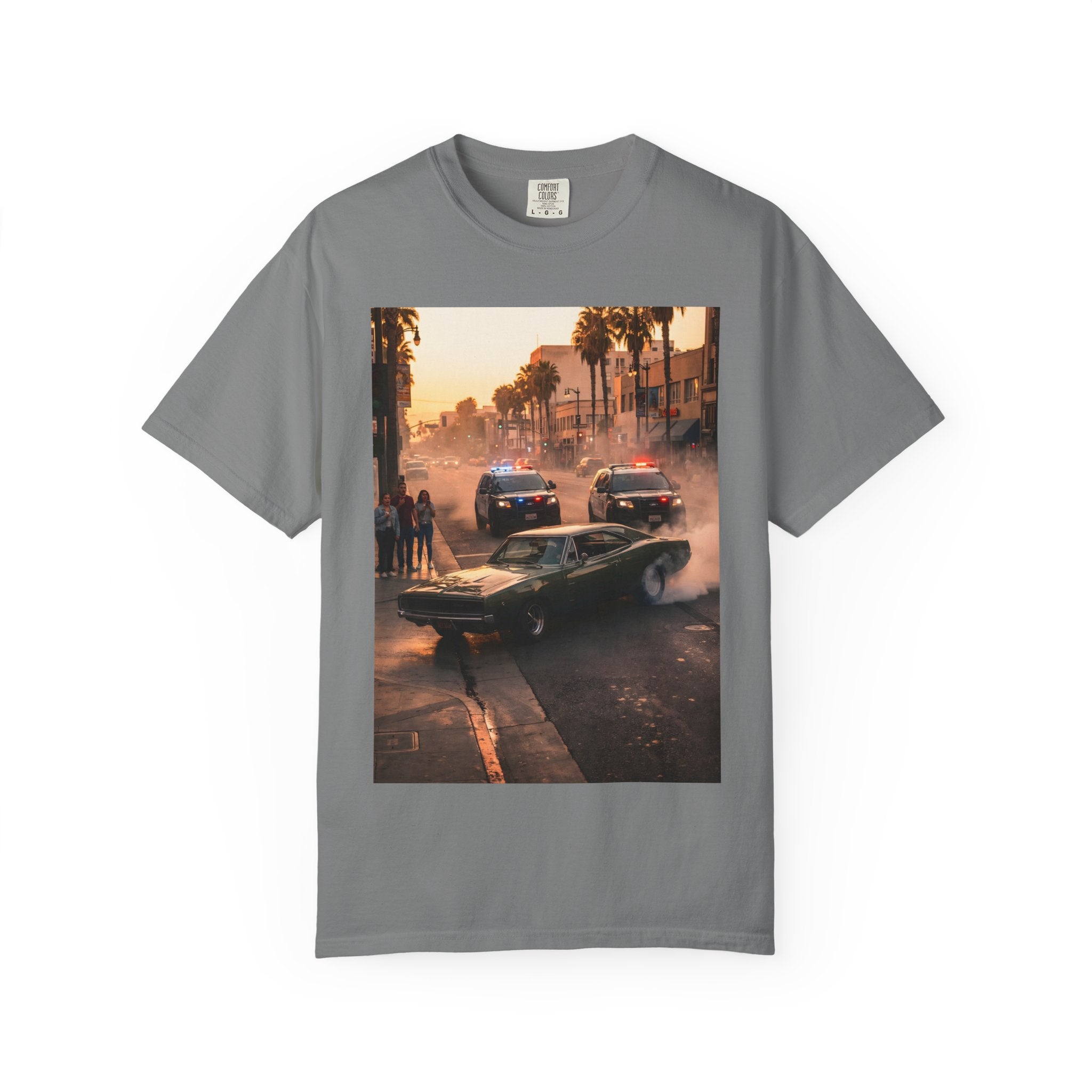Sunset Dodge Charger Street Chase T-shirt | Vintage Muscle Car Police Scene