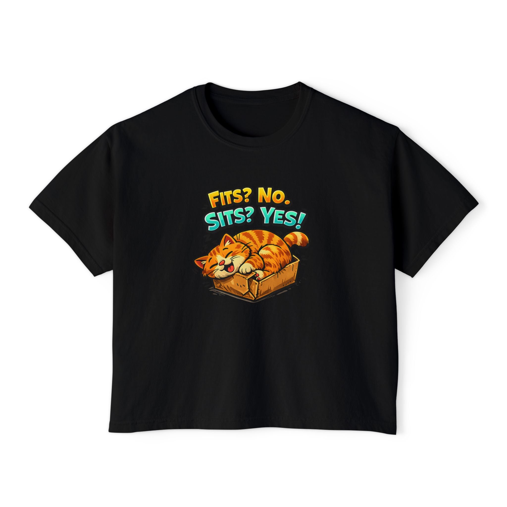 Boxy Tee — "Fits? No. Sits? Yes!" Cute Sleeping Cat Graphic T-Shirt