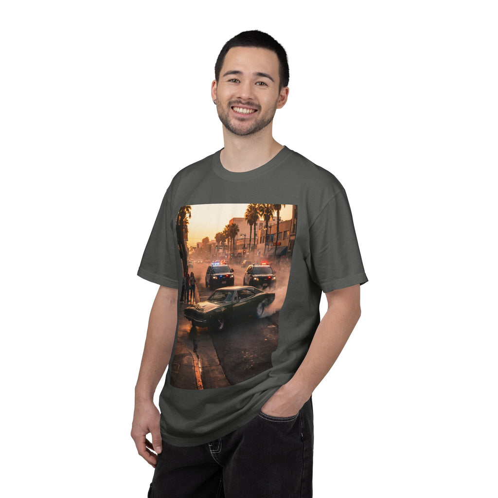 Sunset Dodge Charger Street Chase T-shirt | Vintage Muscle Car Police Scene