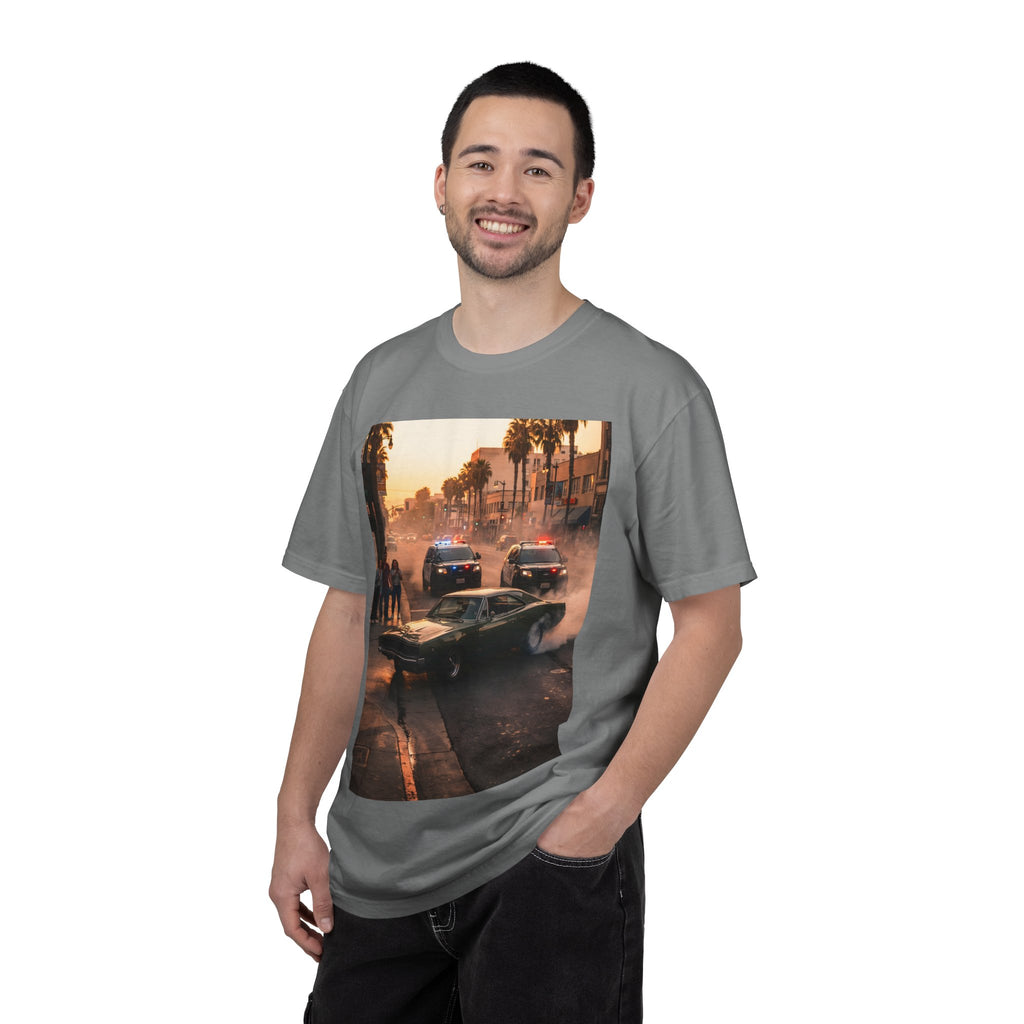 Sunset Dodge Charger Street Chase T-shirt | Vintage Muscle Car Police Scene