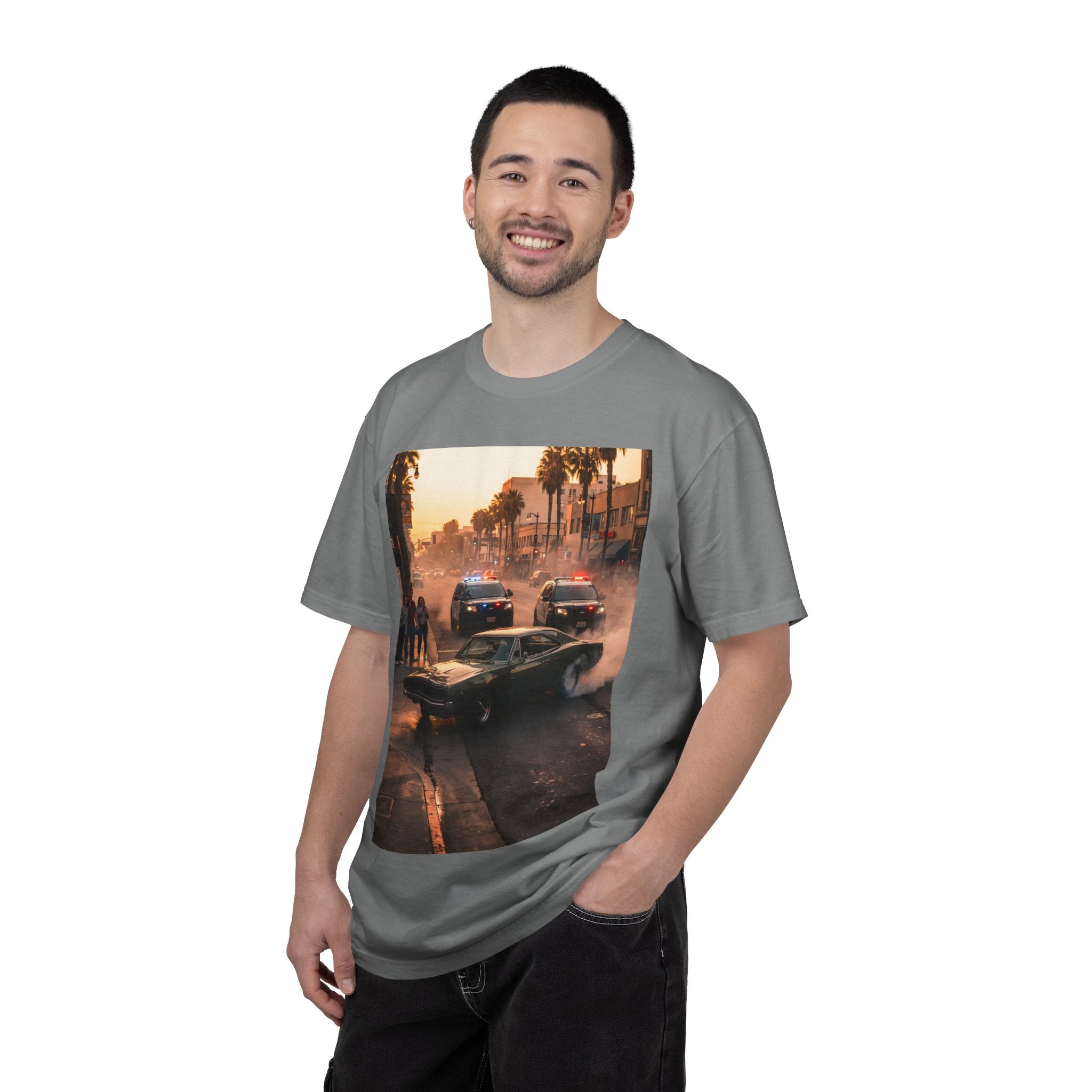 Sunset Dodge Charger Street Chase T-shirt | Vintage Muscle Car Police Scene