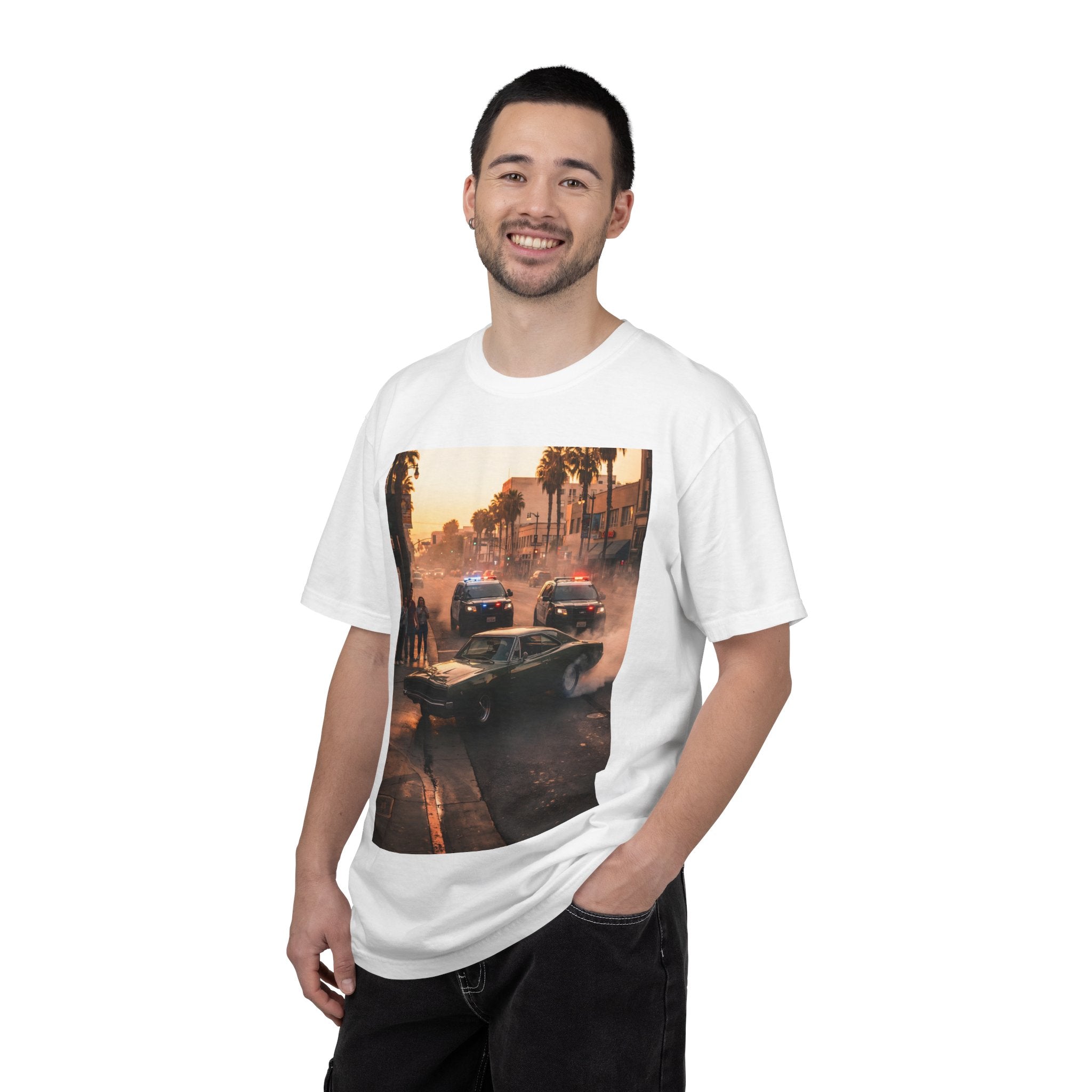 Sunset Dodge Charger Street Chase T-shirt | Vintage Muscle Car Police Scene