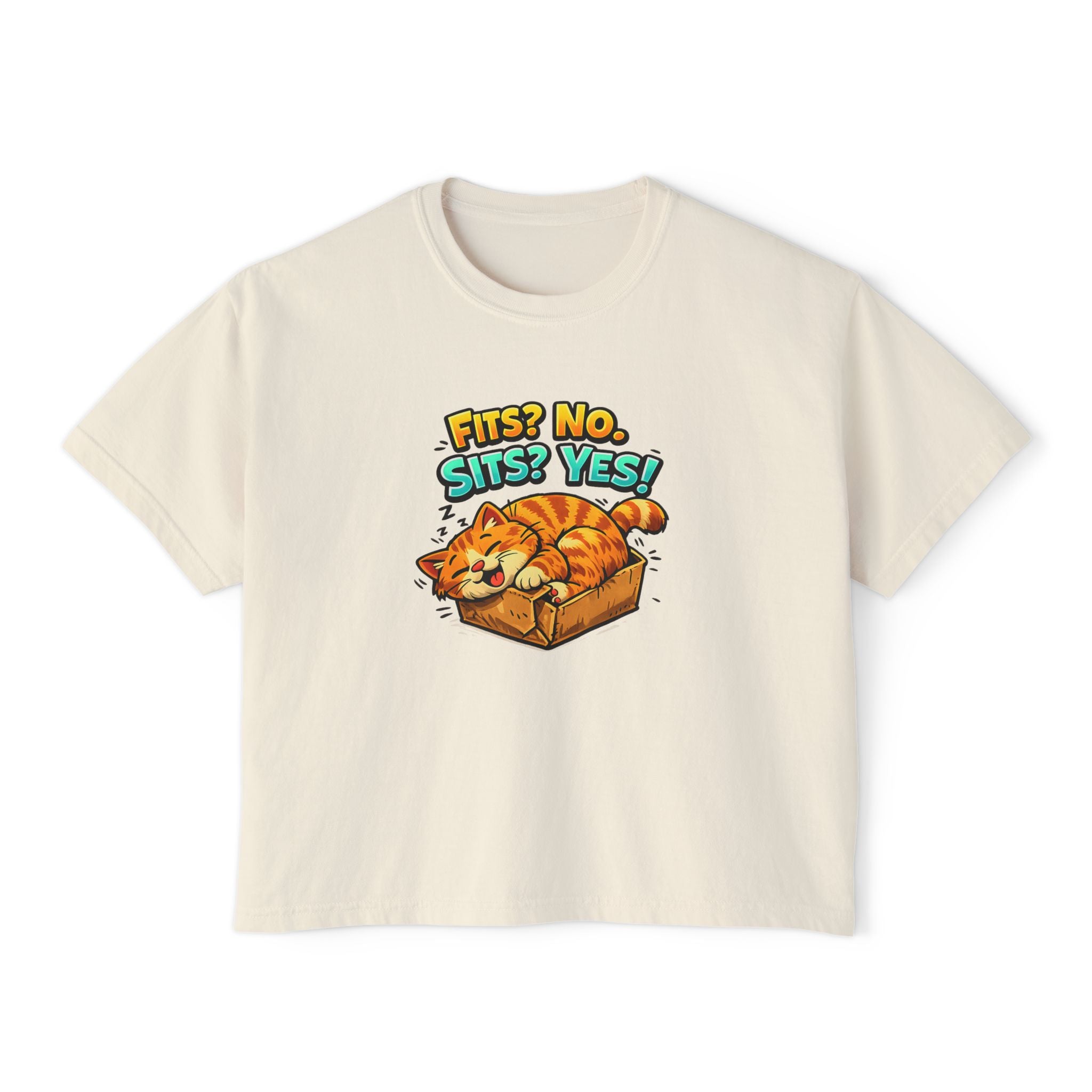 Boxy Tee — "Fits? No. Sits? Yes!" Cute Sleeping Cat Graphic T-Shirt