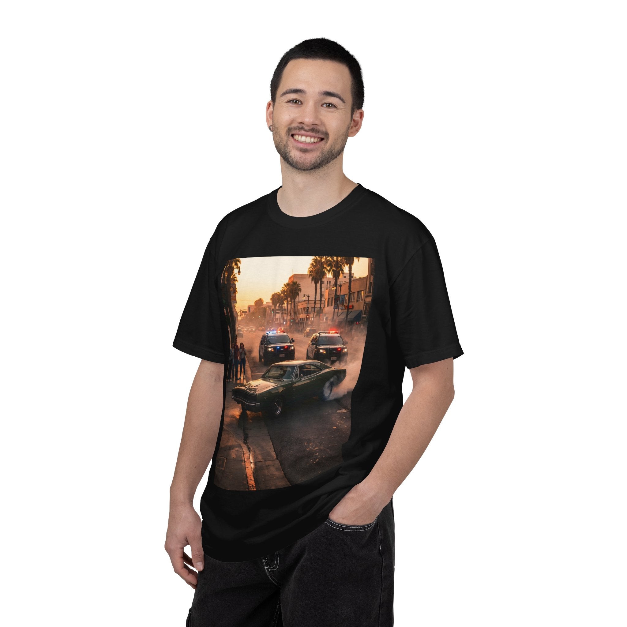 Sunset Dodge Charger Street Chase T-shirt | Vintage Muscle Car Police Scene