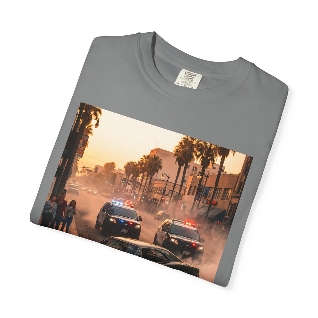 Sunset Dodge Charger Street Chase T-shirt | Vintage Muscle Car Police Scene