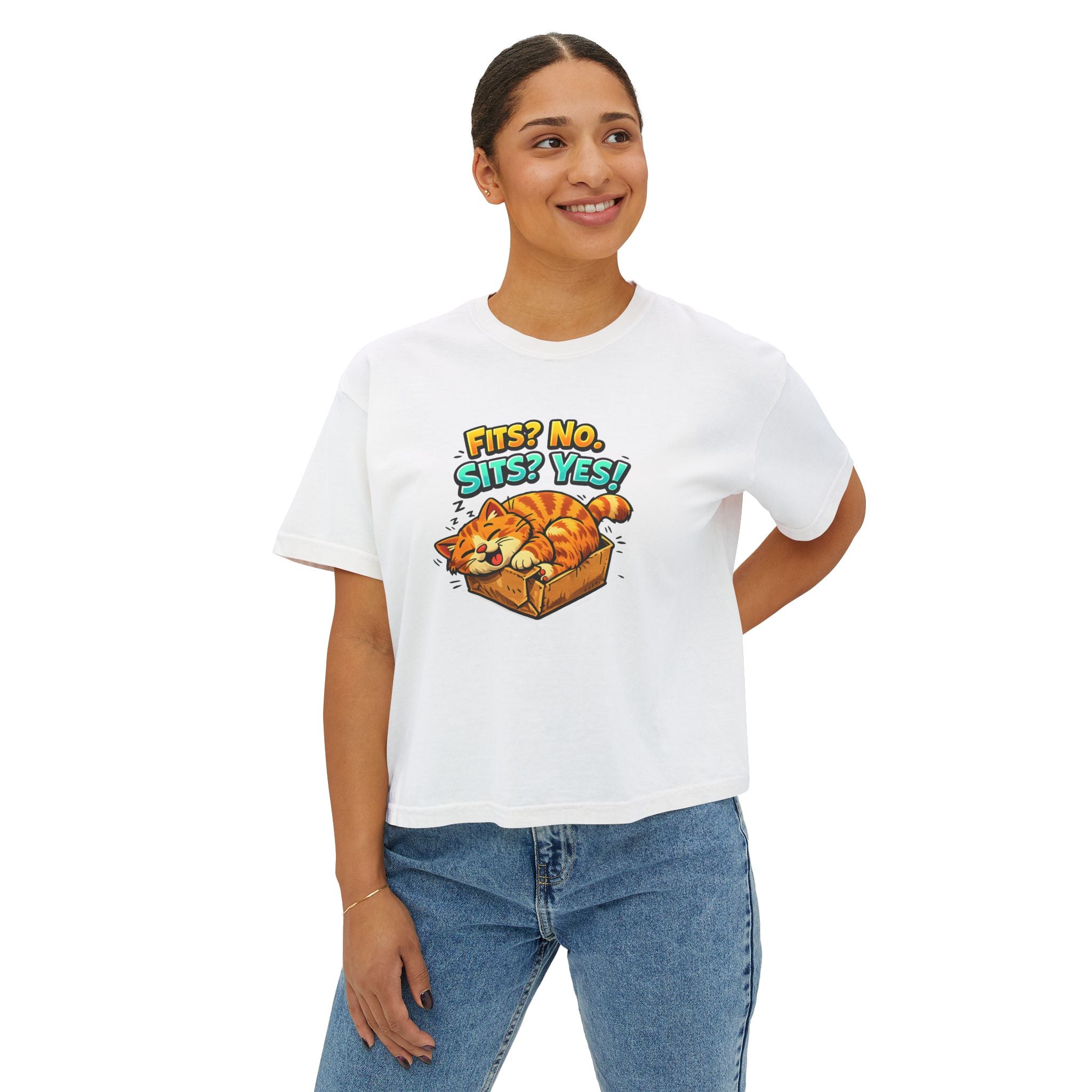 Boxy Tee — "Fits? No. Sits? Yes!" Cute Sleeping Cat Graphic T-Shirt