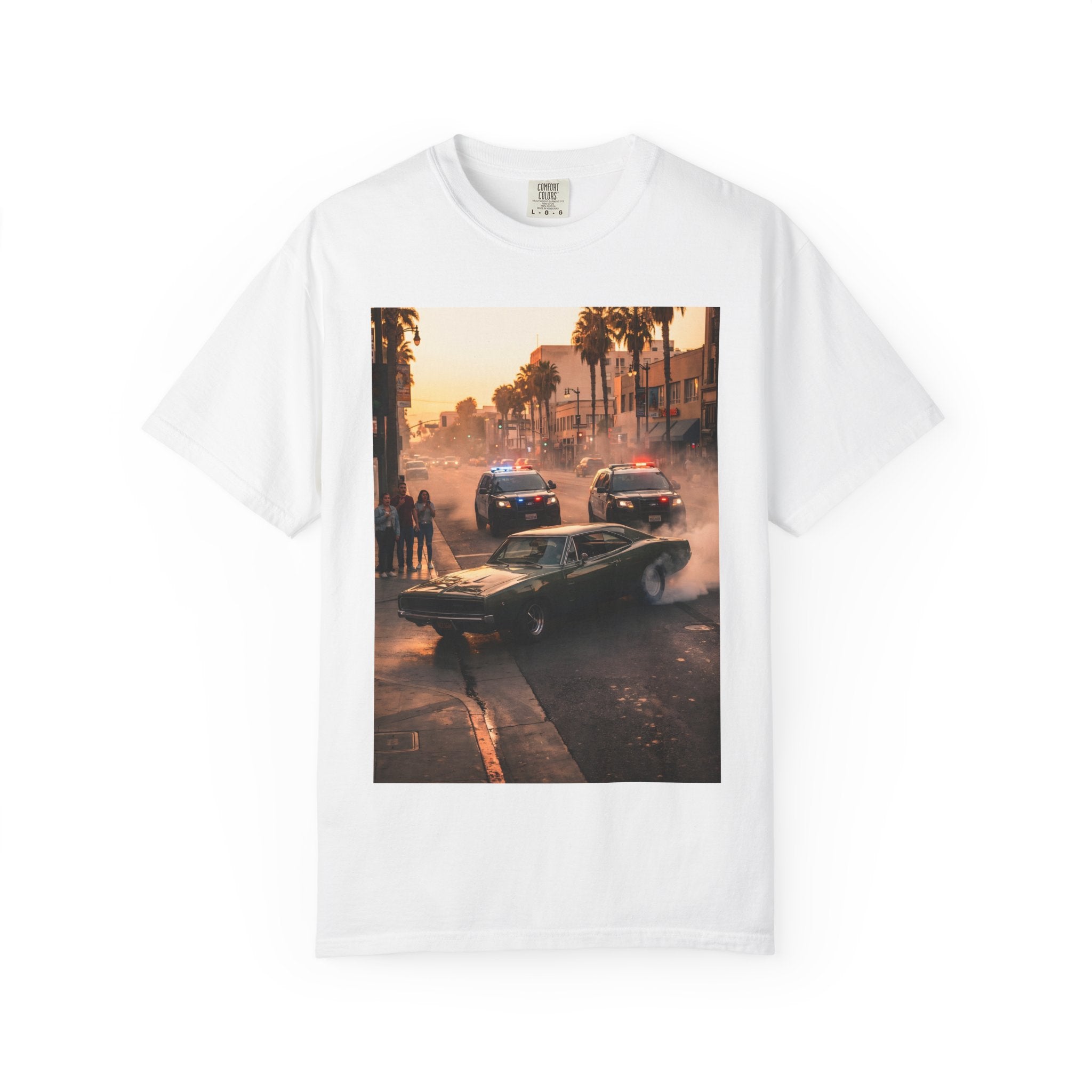 Sunset Dodge Charger Street Chase T-shirt | Vintage Muscle Car Police Scene
