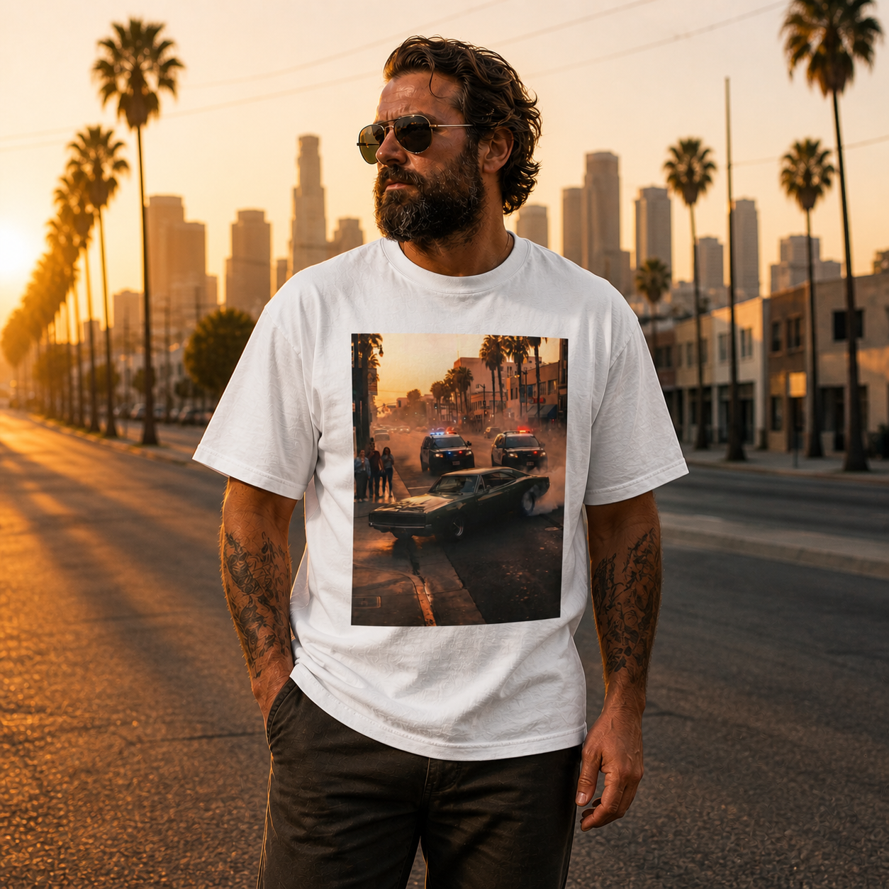 Sunset Dodge Charger Street Chase T-shirt | Vintage Muscle Car Police Scene