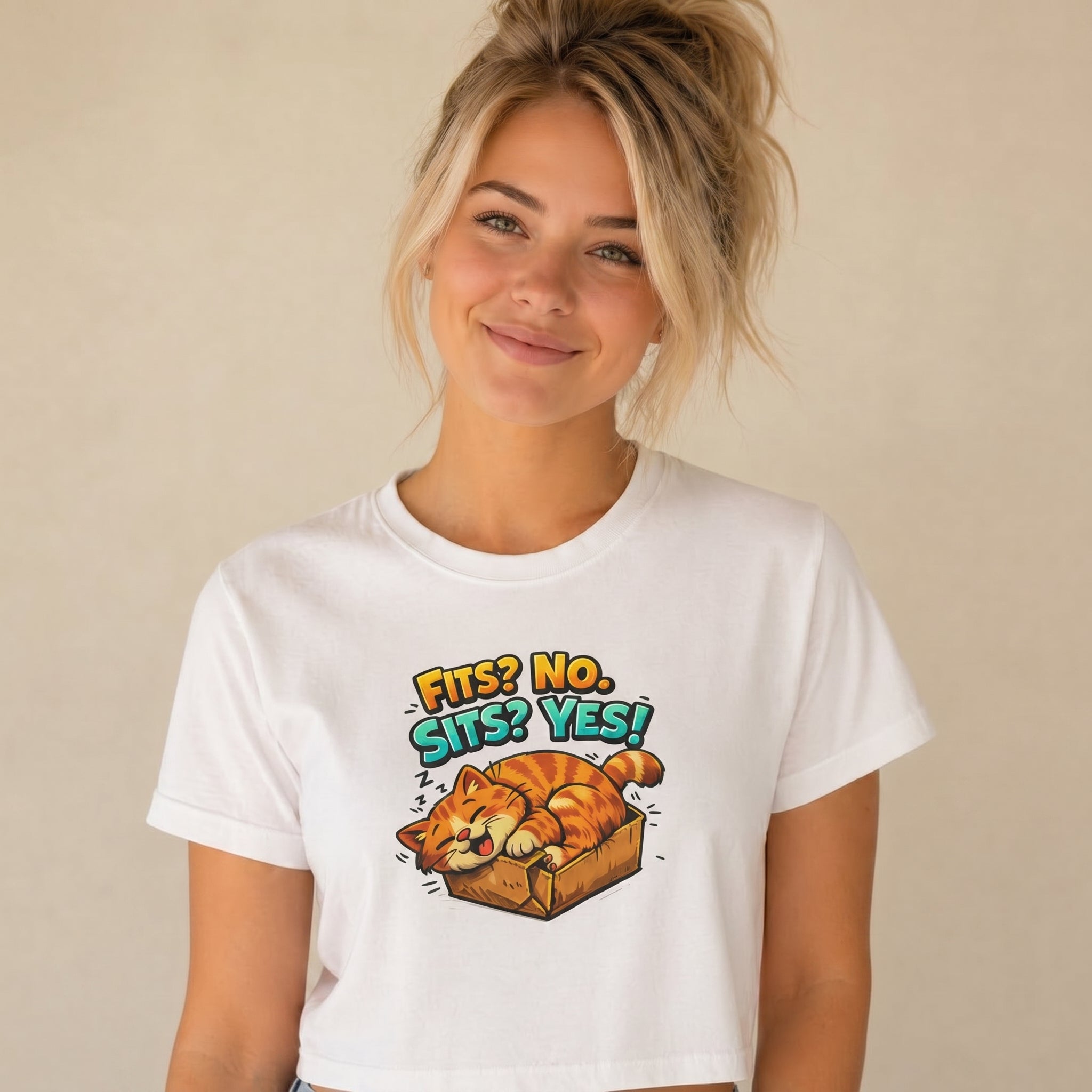 Boxy Tee — "Fits? No. Sits? Yes!" Cute Sleeping Cat Graphic T-Shirt